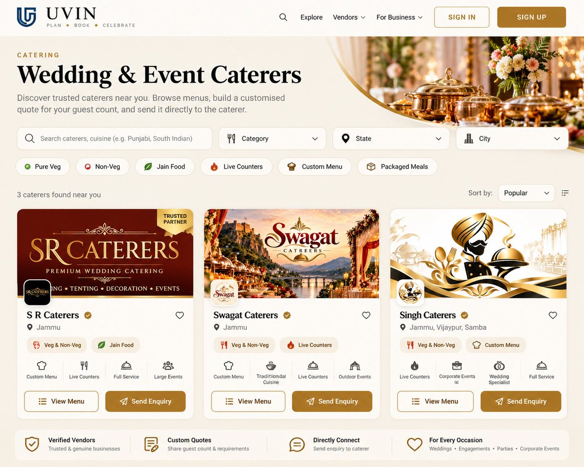 UvinGroup's tweet photo. JAMMU'S CATERERS ARE GOING ONLINE! 
The first 3 to join UVIN:
⚪ Swagat Caterers
⚪ S R Caterers
⚪ Singh Caterers
They're online. Is your catering business next?
Get discovered. Get enquiries.
Get bookings with UVIN.
CATERERS, IT'S TIME TO GO ONLINE! 🚀 https://t.co/cvdnggRC7x