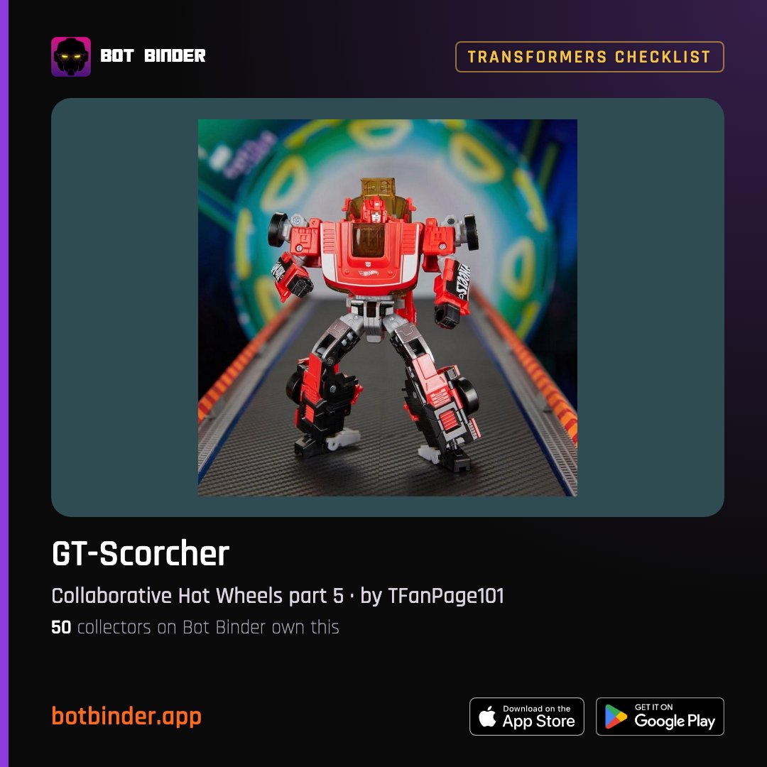 BotBinderApp's tweet photo. New Transformers Checklist episode from @TFanPage101: GT-Scorcher (Collaborative Hot Wheels part 5). 50 collectors on Bot Binder own this one.

https://t.co/5d9wyNdFhu
#Transformers #GTScorcher

Check off your own collection. Join us on Bot Binder. https://t.co/oJX4Szf2sk