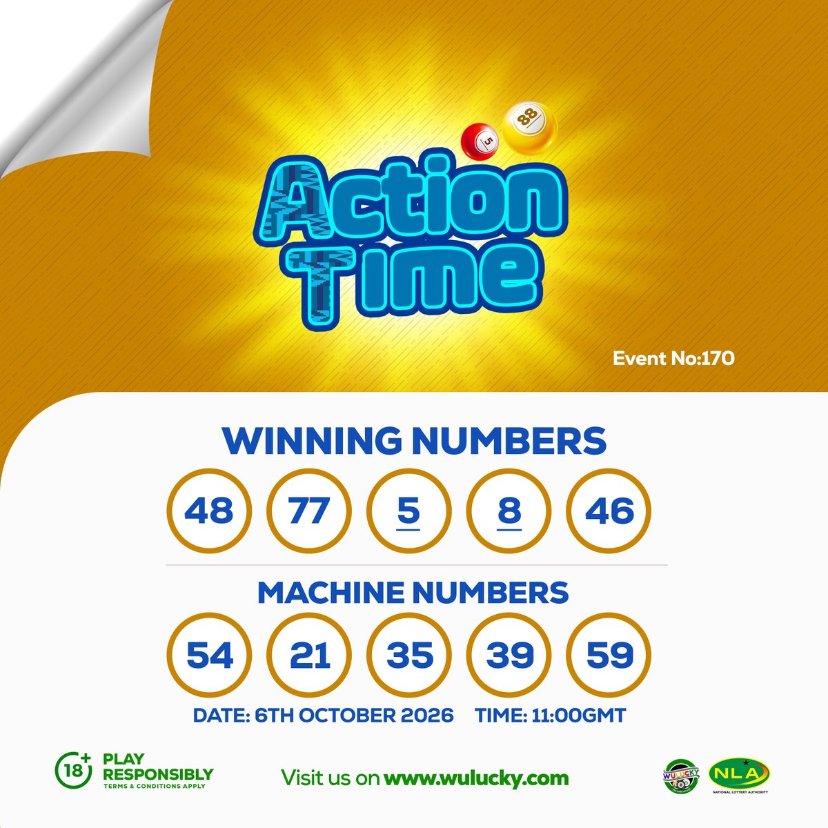 wuluckygh's tweet photo. 2026/10/06 - 11:00GMT- WULUCKY 5/88 ACTION TIME LIVE DRAW - EVENT NO: 170
Live Draw by WuluckyGhana Limited. Regulated by the NLA.

Winnings can be requested or toggled to be received instantly! No one does it better!! 

Wulucky!! Play small, WIN BIG!!

#winbig #wuluckygh #playsmall #cikapuduo #odogwuhour #wulucky588 #wulucky590