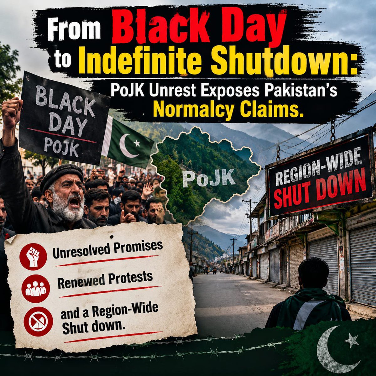 Meharjan555205's tweet photo. From Black Day to an indefinite shutdown, renewed protests in PoJK highlight unresolved demands and growing public discontent over unfulfilled promises
#PoJK #Rawalakot #JKJAAC #October4 #HumanRights #Accountability, #JKJAAC #Dadyal #BlackDay #Dadyal #Accountability #PoJKUnrest. https://t.co/sdtDQeuNs8