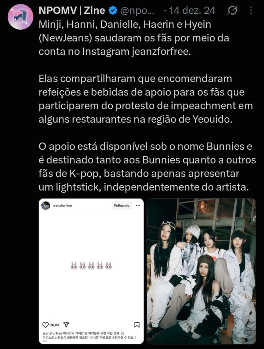 NewjeansTVille's tweet photo. Seu artista se posiciona?
Newjeans foi às ruas protestar a favor do impeachment do presidente Yoon Suk Yeol, político de extrema direita, após ele tentar um golpe de Estado.
Elas patrocinaram lanches do próprio bolso para os fãs irem tbm.
#FamdomsComLula
https://t.co/w87DlEM6Fi https://t.co/JckImCd7Id