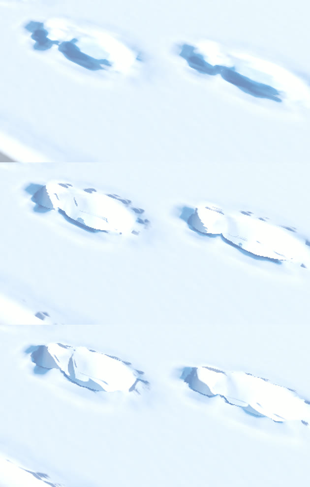 fellwsoftware's tweet photo. Bootprints and wagon tracks with real depth ❄️

Boots and wagon wheels now carve into the surface of mud, leaving hollows that collect reflective standing water. Left and right boots leave properly mirrored prints, and wolves leave paw prints.

Our snow preview takes that further: deep footprints and wheel ruts push up powdery banks along their edges, and the sun casts shadows from those rims into the hollows.

The close-up shows the change from flat painted marks at the top to carved snow at the bottom. This is an in-engine preview; snow tracks aren't on a playable map yet.

#HollowCovenant #IndieGame