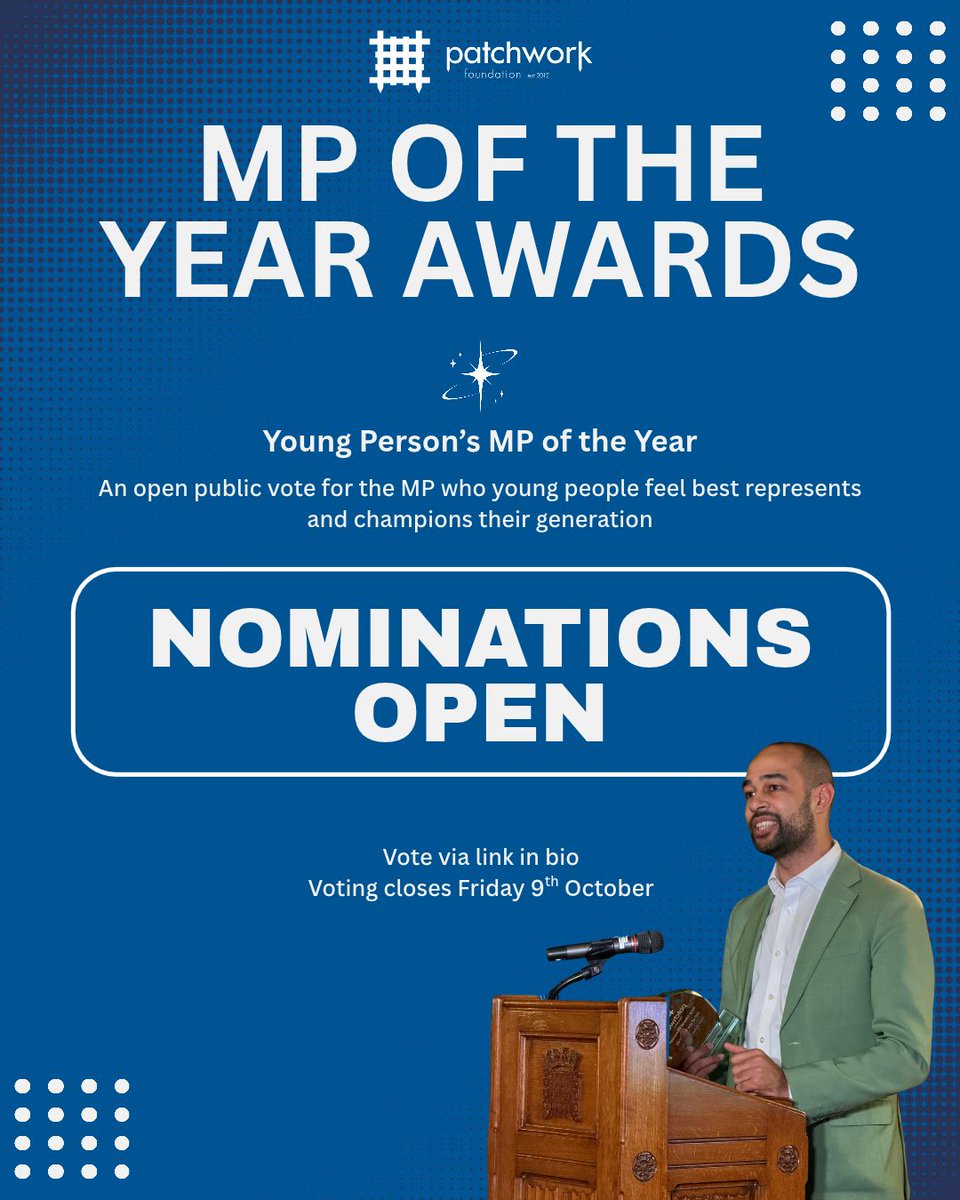 UKPatchwork's tweet photo. 🏛️  Which MP best represents your generation?

Nominations are now open for Young Person's MP of the Year! It's an open public vote, so have your say before voting closes this Friday, 9 Oct 👇

https://t.co/LuAdFastjv https://t.co/8OO9VGRR60
