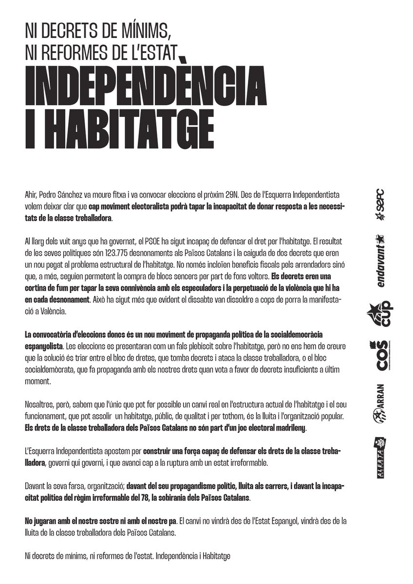 Endavant_OSAN's tweet photo. ‼️ COMUNICAT | Ni decrets de mínims, ni reformes de l’estat. Independència i Habitatge

L’Esquerra Independentista apostem per construir una força capaç de defensar els drets de la classe treballadora, governi qui governi, i que avanci cap a la ruptura amb un estat irreformable. https://t.co/Mjyf9je1E0
