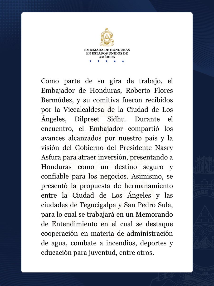 HondurasEmbUSA's tweet photo. Reunión con la vicealcaldesa de Los Ángeles sobre cooperación e inversión. 🇭🇳🤝🇺🇸
#Honduras #LosÁngeles #Diplomacia #Inversión #CiudadesHermanas https://t.co/QPX4dPhTP5