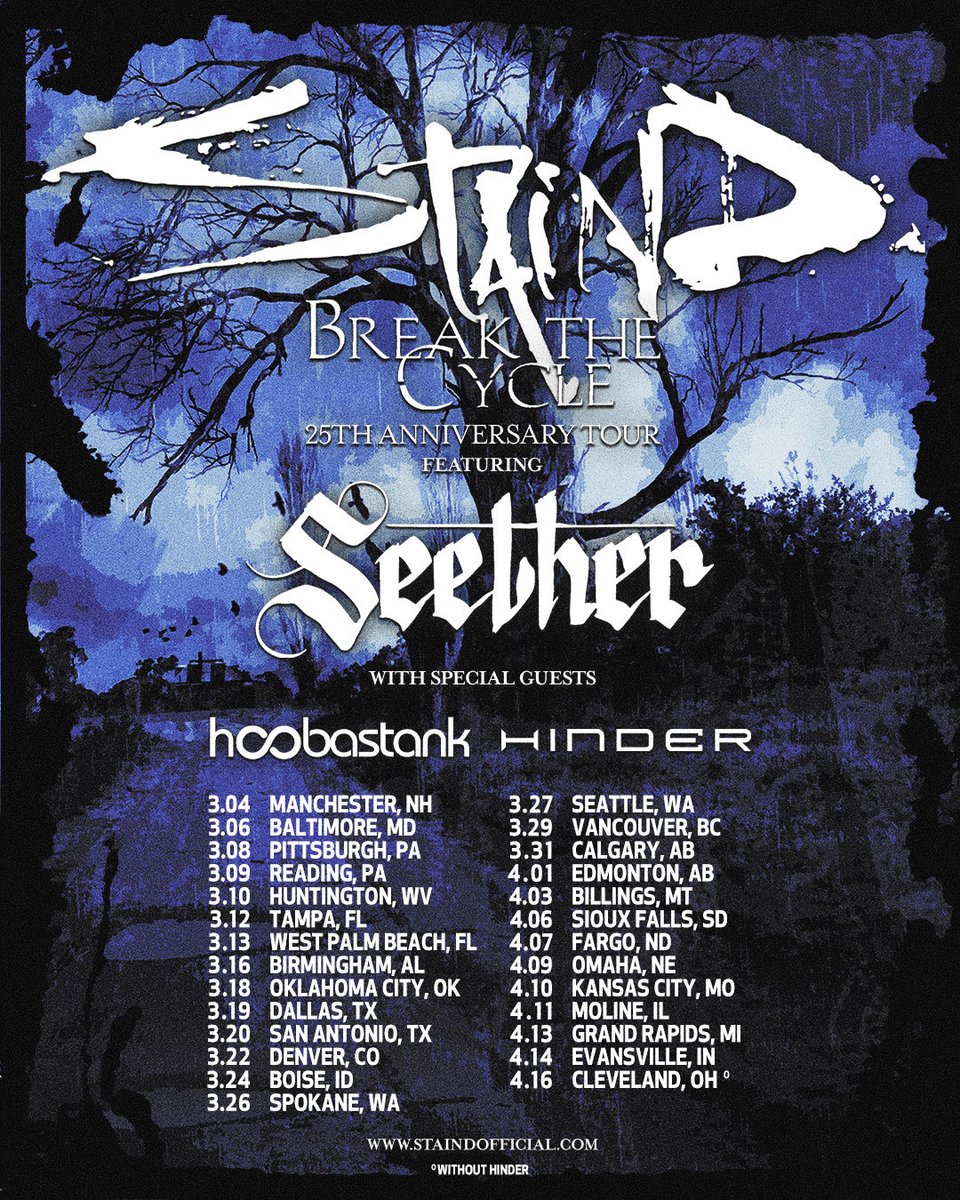 staind's tweet photo. We didn’t think one was enough, and based off how it’s been going…we were right. The Break The Cycle 25th Anniversary Tour continues in new cities with the same massive lineup. The first half sold out so don’t wait. https://t.co/Yk2ELyLhIz