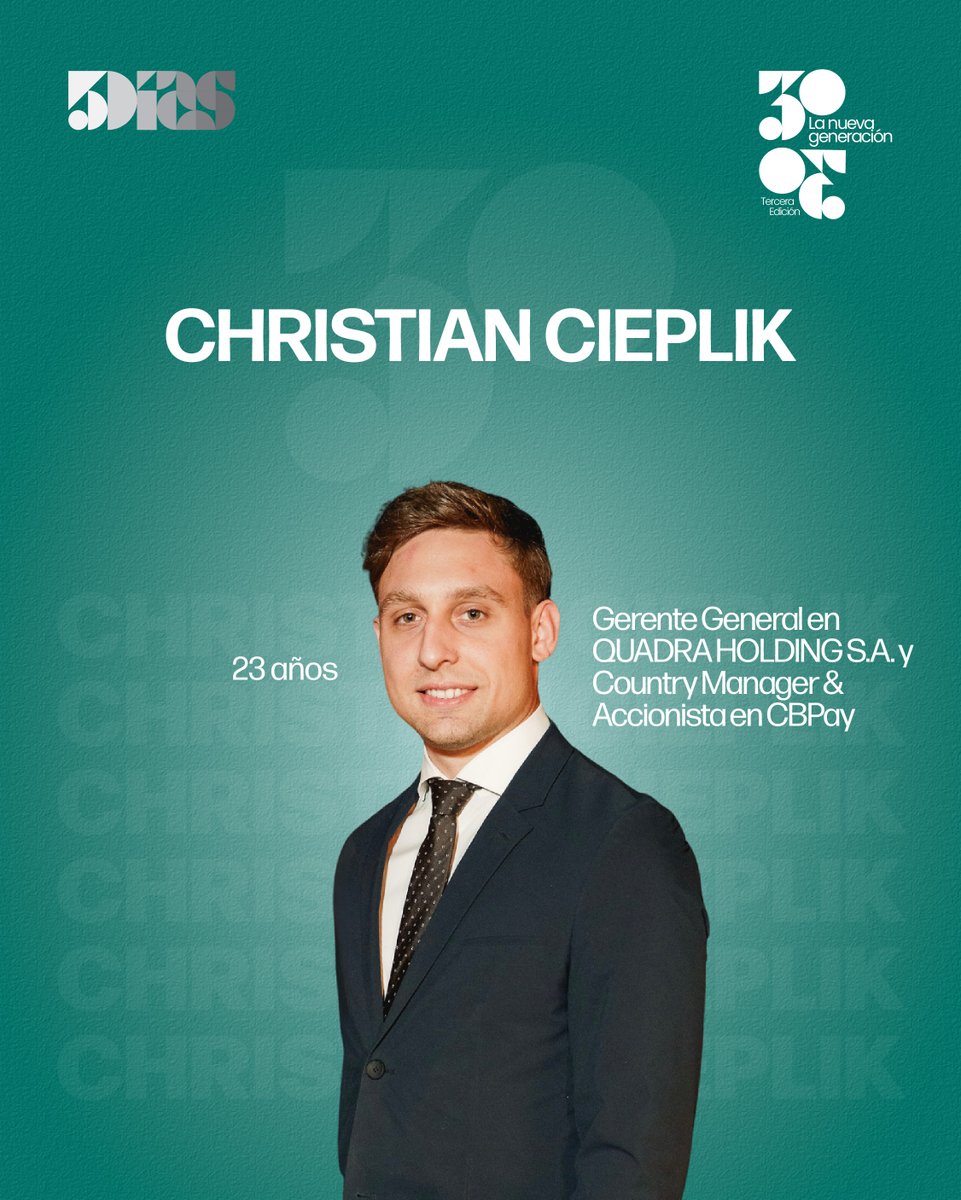 5DiasPy's tweet photo. Postulaciones 30|30 ✨

Conocé a Christian Cieplik, Gerente General en QUADRA HOLDING S.A. y Country Manager & Accionista en CBPay, quien a sus 23 años desarrolla negocios y proyectos vinculados a fintech, inversiones, tecnología e Inteligencia Artificial.

¿Quiénes serán los 30 del 2026? 👀

📩 Más información: publicidad@5dias.com.py 
📞 0982 456 111

#3030 #5Días #LaNuevaGeneración #TalentoParaguayo