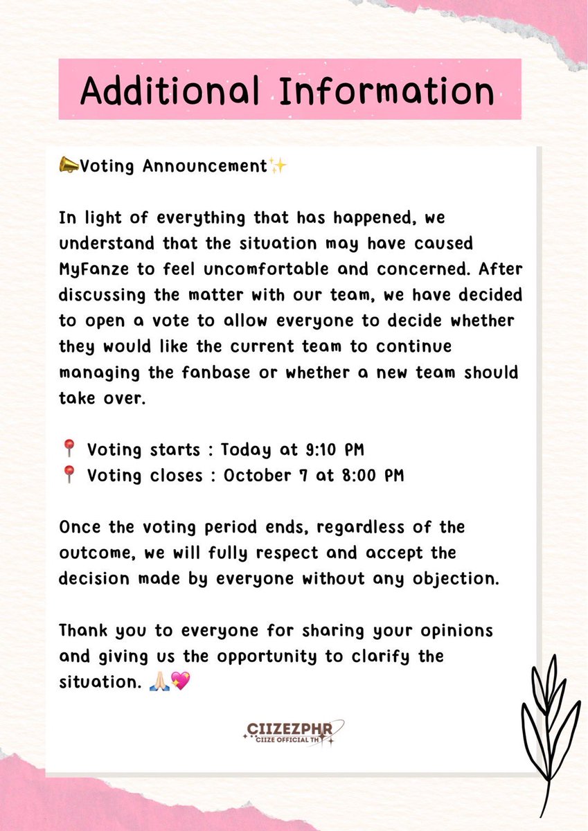 CiizeSupport's tweet photo. 📣 ประกาศเกี่ยวกับการโหวตค่ะ ✨
📣 Voting Announcement ✨ https://t.co/tJNLDCdXQ1