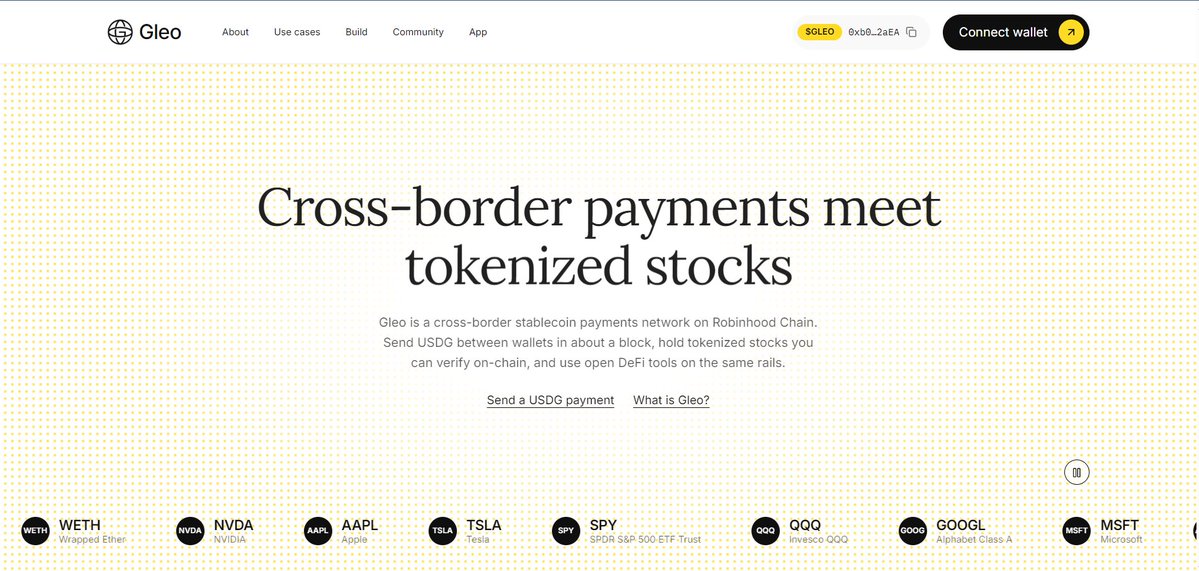 gleofinance's tweet photo. Cross-border payments meet everyday money.
The old rails were too slow.

Now you move at light speed.
Send USDG.
Hold tokenized stocks.
Access open DeFi.
Join the network.

Your wallet. Your assets. Your network.
https://t.co/CJcnwwxDyF https://t.co/aVdQNOxFbb