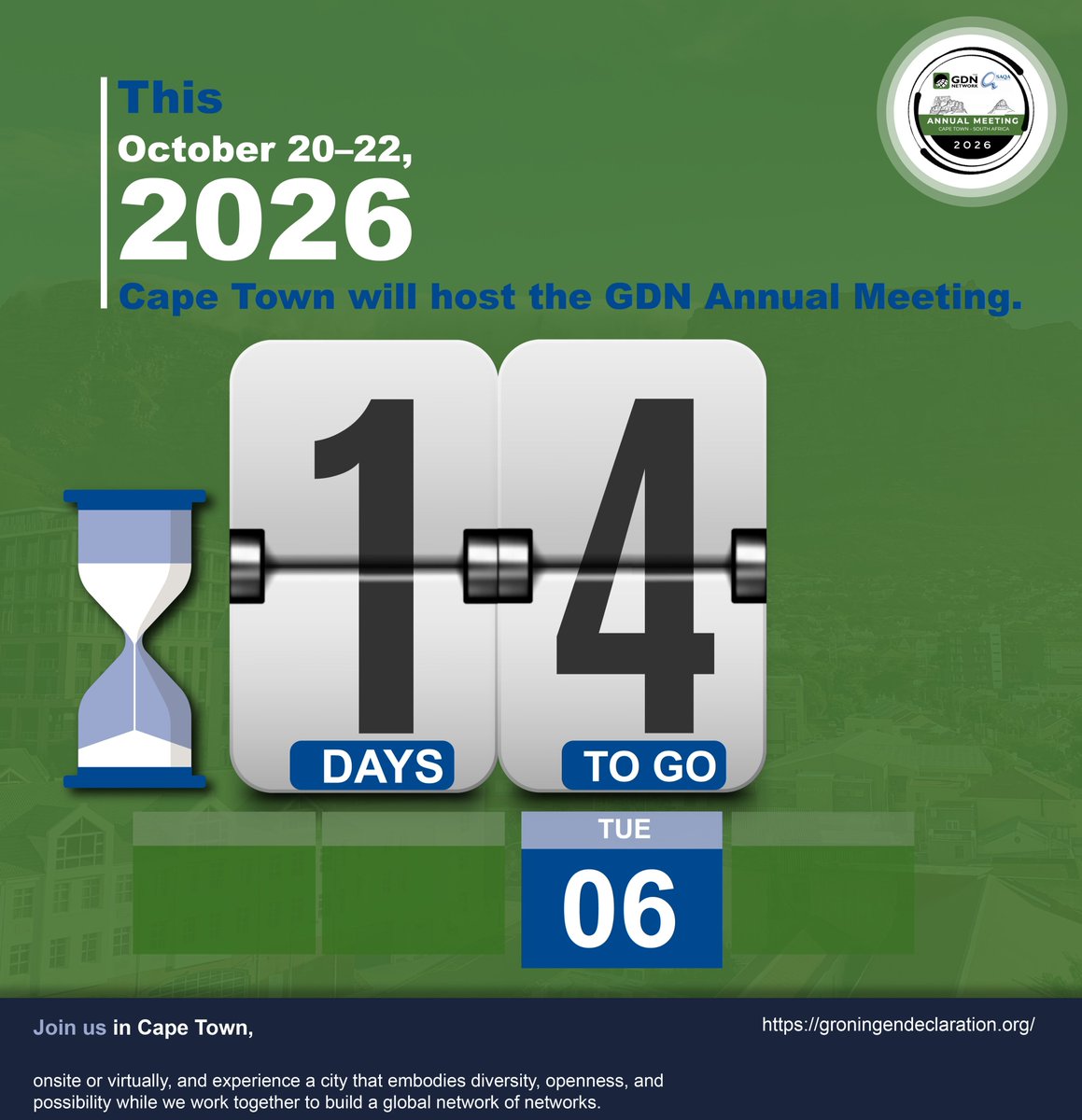 SAQALive's tweet photo. 𝟏𝟒 𝐃𝐀𝐘𝐒 𝐓𝐎 𝐆𝐎
In just 14 days, the global education and credentialing community will gather in Cape Town for the 2026 Groningen Declaration Network (GDN) Annual Meeting.
Cape Town is ready. SAQA is ready. GDN is ready.
Are you joining us?
#GDNNetwork #SAQA #GDN2026 https://t.co/D5YL0tTYfL