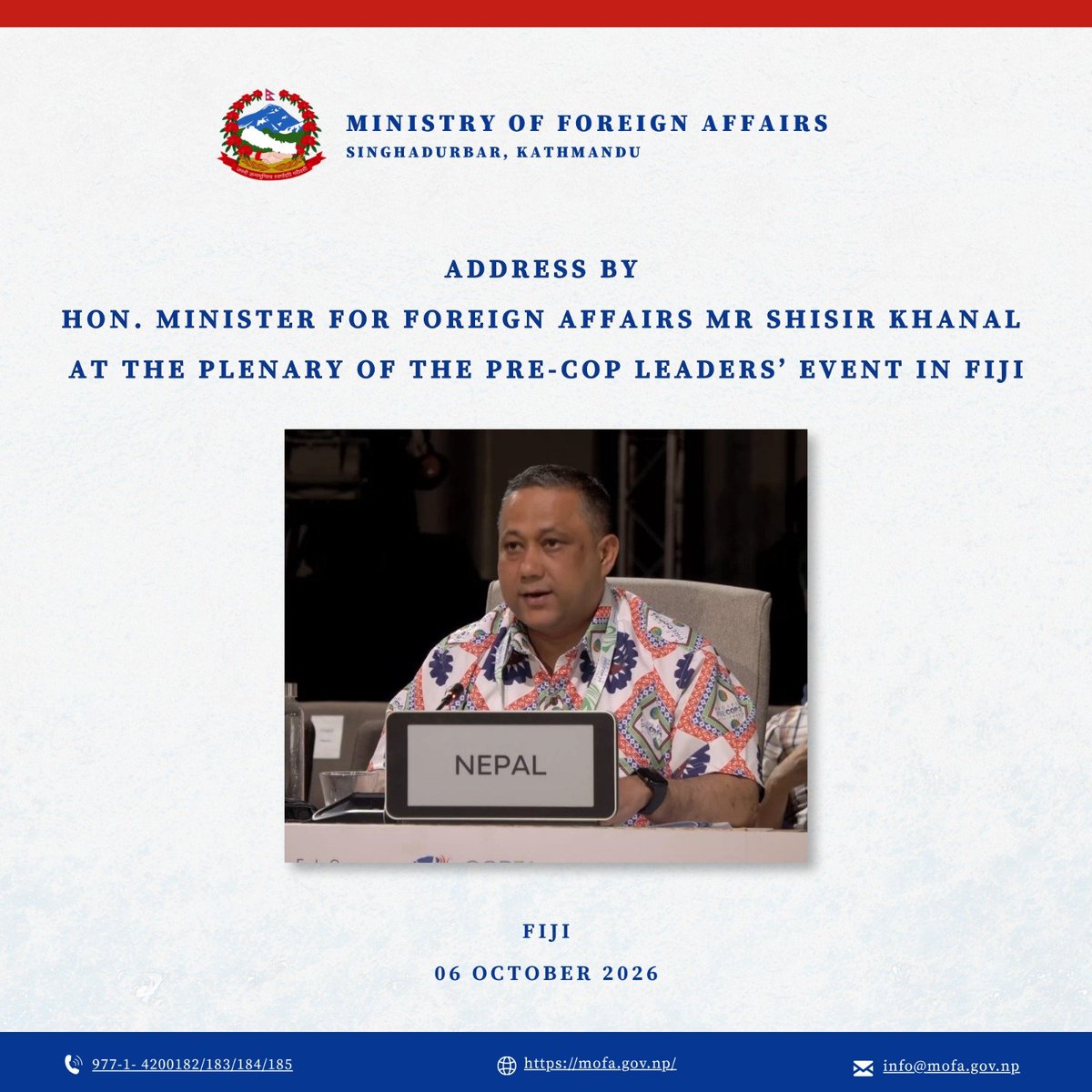 MofaNepal's tweet photo. Hon. Minister for Foreign Affairs Mr Shisir Khanal @shisir addressed the Plenary of the Pre-COP Leaders’ Event in Fiji today.

Highlighting the shared climate vulnerabilities of Himalayan and Pacific island nations, he stressed that mountains and oceans are part of an indivisible planetary continuum, connected by the water cycle and a common future.

Referring to the recent devastating Bhote Koshi Floods in Nepal, the Hon. Minister underscored the urgency of addressing climate injustice, noting that countries contributing least to global GHG emissions are bearing disproportionate loss of lives, infrastructure and development gains.

Ahead of COP31, he outlined Nepal’s priorities: upholding the 1.5°C goal, predictable and grant-based adaptation finance, full operationalisation of the Loss and Damage Fund, and a “Sagarmatha to the Sea” partnership linking mountain and ocean nations.

Referring to Fiji’s Solesolevaki and Nepal’s Shramadāna, he called for global solidarity and collective leadership to turn shared climate vulnerability into climate justice.

The full text is here: https://t.co/8rpR5PaFMx