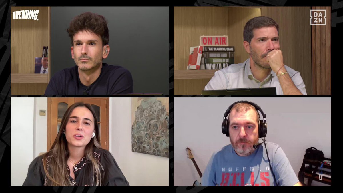 A screenshot from the DAZN show "Trending" displays a four-way split-screen video call featuring a curly-haired man in a dark t-shirt (top left), a man in a light blue shirt with an "ON AIR" sign and books visible behind him (top right), a woman with long brown hair (bottom left), and a bearded man wearing Buffalo Bills apparel and a headset (bottom right), with the post suggesting the panel is debating footballer Kylian Mbappé's recent behavior.