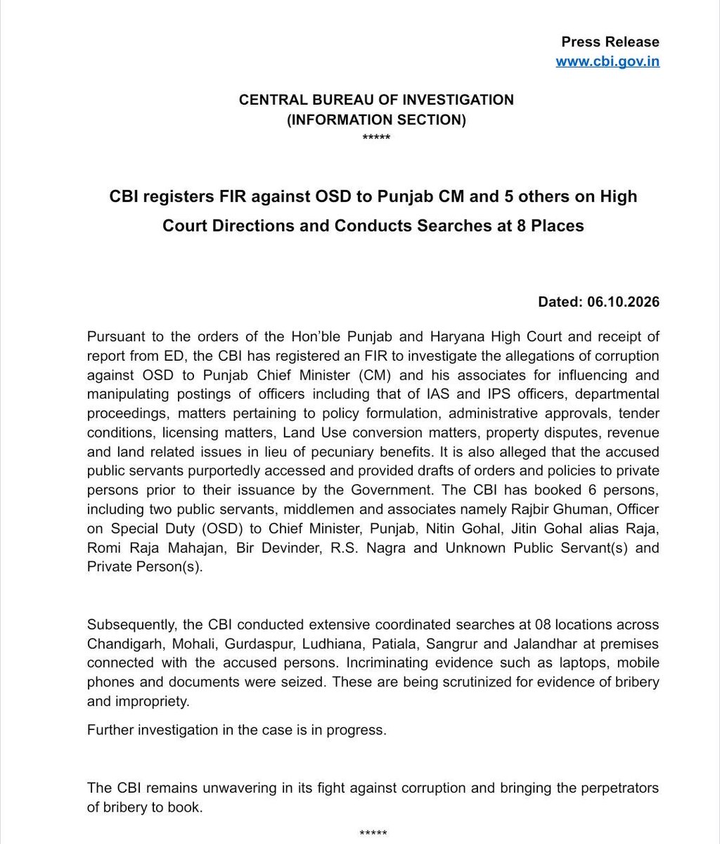 CBIHeadquarters's tweet photo. CBI registers FIR against OSD to Punjab CM and 5 others on High Court Directions and Conducts Searches at 8 Places https://t.co/PfHFDgW6rQ