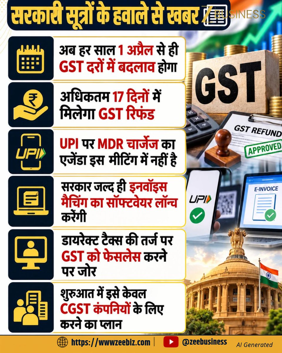 ZeeBusiness's tweet photo. सरकारी सूत्रों के हवाले से खबर

अब हर साल 1 अप्रैल से ही GST दरों में बदलाव होगा

अधिकतम 17 दिनों में मिलेगा GST रिफंड

#GST #GSTRates #GST2026 #GSTRefund #GSTRefundRules #GSTCouncil #GSTCouncilMeeting #GSTReforms #GSTUpdate #GSTNews https://t.co/lHGZU9iuss