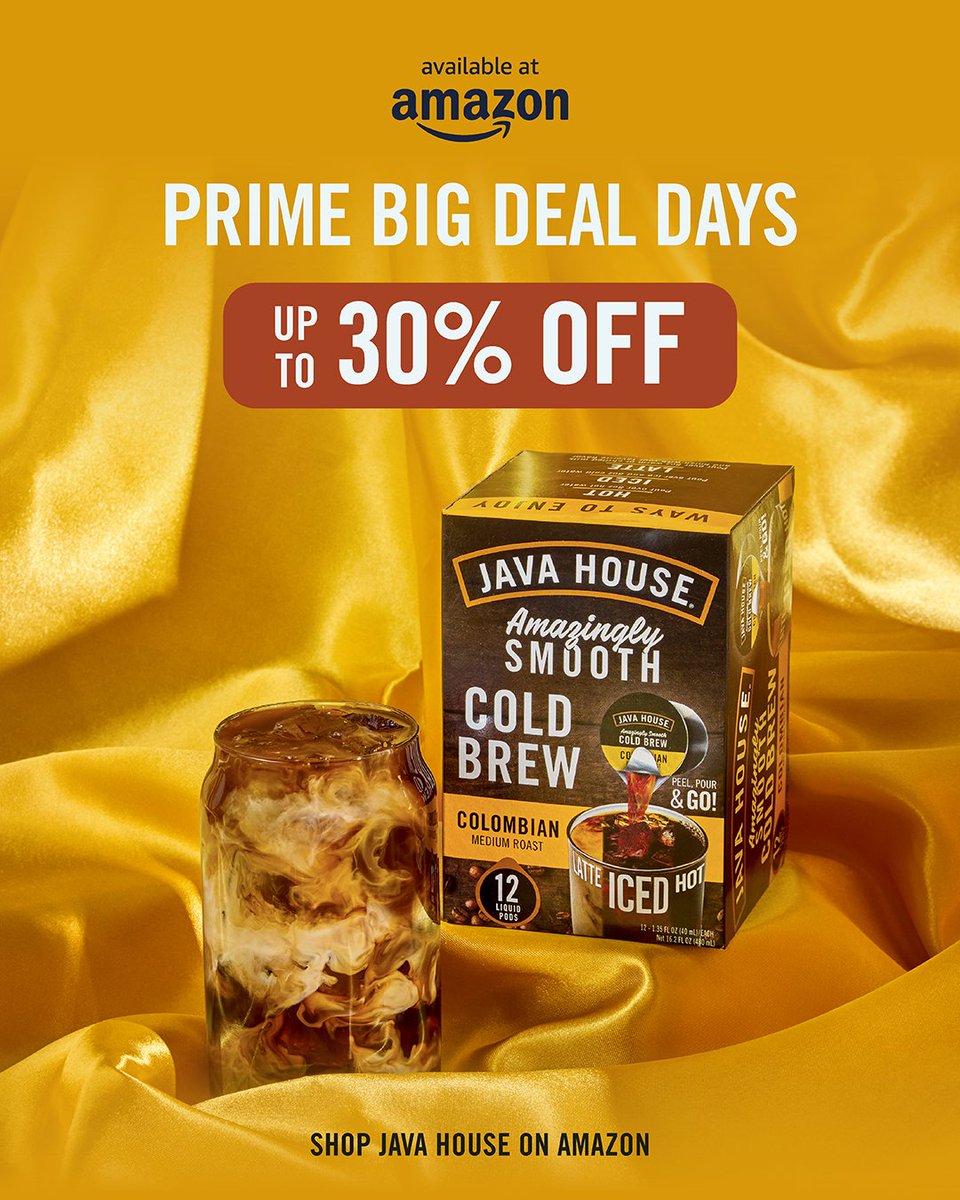 javahouse's tweet photo. Prime Big Deal Days are HERE ☕️🛒 

For the next 48 hours only, save up to 30% off Java House favorites on Amazon. Stock up on amazingly smooth Cold Brew while the deals are hot.

Shop today + tomorrow only. 👀 https://t.co/ipu1c04Bbj
