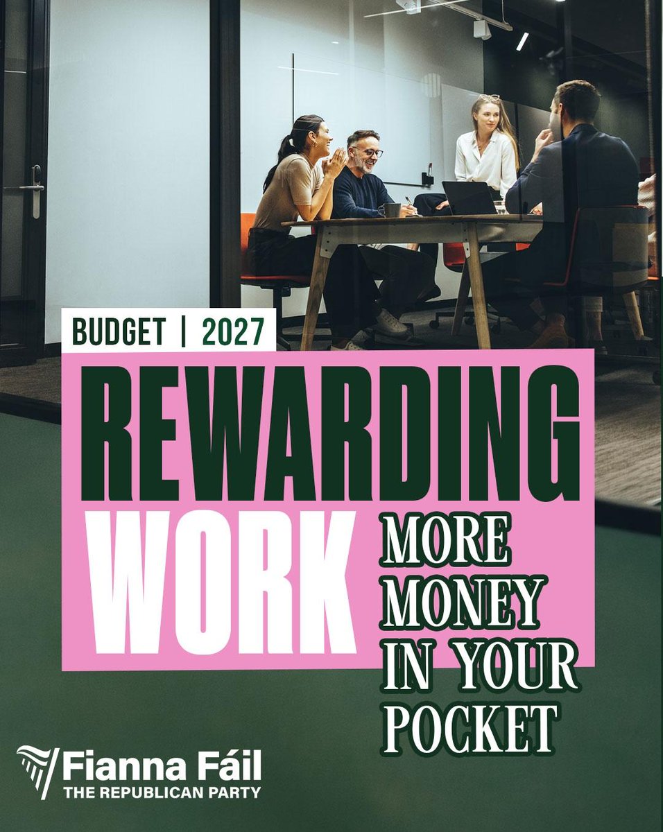 fiannafailparty's tweet photo. Fianna Fáil is rewarding work. 💪

We believe if you work hard, you should be able to keep more of what you earn.

That’s why we’re putting more money back in your pocket:

* Extending the 20% tax band from €44,000 to €46,500 meaning you only pay the higher rate of tax https://t.co/7OeycOX4fC