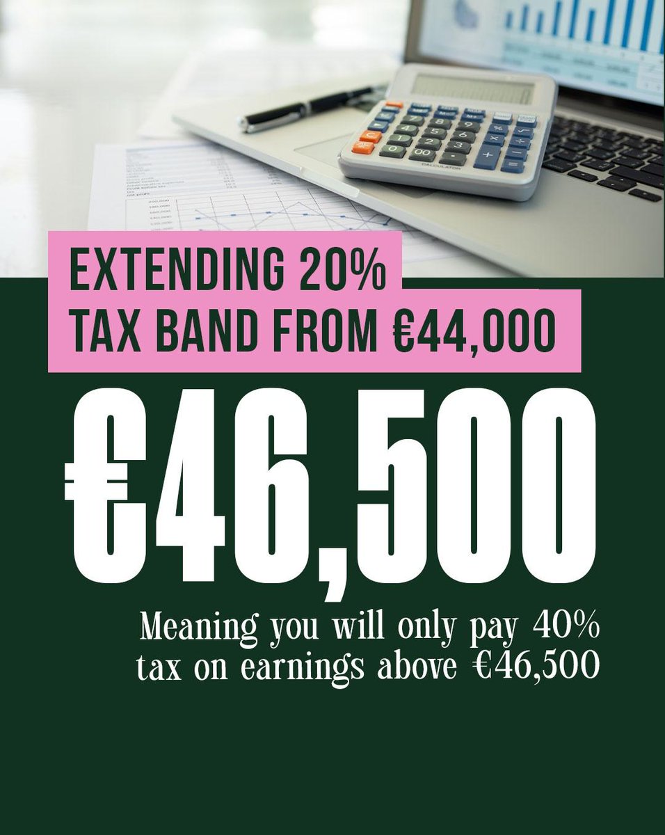 fiannafailparty's tweet photo. Fianna Fáil is rewarding work. 💪

We believe if you work hard, you should be able to keep more of what you earn.

That’s why we’re putting more money back in your pocket:

* Extending the 20% tax band from €44,000 to €46,500 meaning you only pay the higher rate of tax https://t.co/7OeycOX4fC
