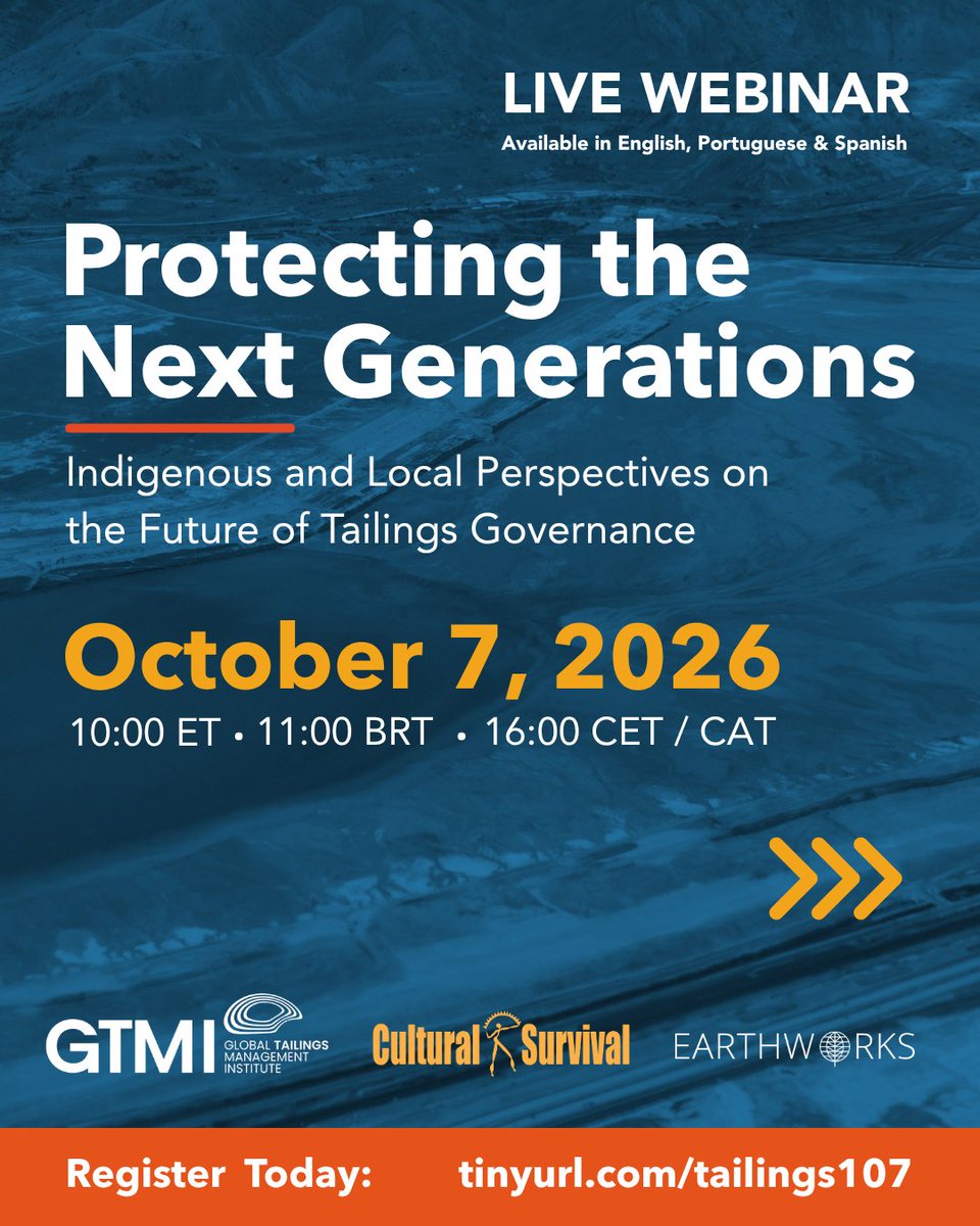 CSORG's tweet photo. Join us tomorrow!
GTMI, Earthworks, and Cultural Survival will look at the lasting impacts of tailings on communities and territories, and what is needed to support rights, livelihoods, ecosystems, and resilience beyond mine closure.
Register here: https://t.co/HT9aAgWVsk https://t.co/snpnnawe6O