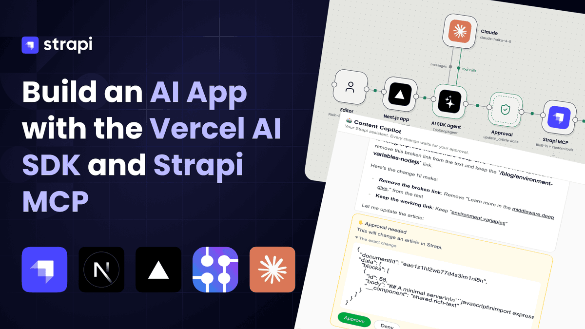strapijs's tweet photo. What can you actually build with Strapi’s MCP server?

In this tutorial by @JavaScriptar, we will build an AI-powered content assistant using Strapi MCP and the @vercel AI SDK.

It can work with content in Strapi, but that’s just the start.

We also extend the MCP server with custom tools to:
🔎 Research competing content with @SerpApi 
🔗 Find related articles for internal linking
🛠️ Check articles for broken internal links

And before the AI makes changes to content, a human can review and approve the action.

It’s a practical look at how MCP, AI models, external tools, and your CMS can work together while keeping humans in control.

Read the full tutorial 👇

https://t.co/hXZZMd53Vm