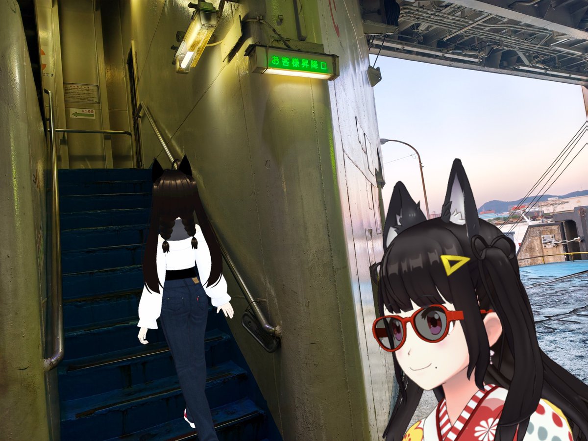 MasaX2man's tweet photo. 🟦姉「高松東港にて、おはようございます。本当に朝早いです」
🟥妹「6時発の船だから、かなり余裕を持ってきたよ！」

#アバター旅ログ

9月23日、朝5時。
3日前にも訪れたジャンボフェリー乗り場へ。

今回は家族と一緒に、
ジャンボフェリーへ車ごと乗り込みます🚗⛴️

🟥妹「ぼく、車ごとフェリーに乗るの初めてだよ」
🟦姉「5時10分に到着。予定通りです」

係員さんに確認すると、
所定の駐車場に車を停めて待機していればOKとのこと。
ひとまず待合所へ向かいます。

🟦姉「なんだか懐かしい雰囲気。ゲームコーナーもありますね」

せっかくなので100円を入れて少し遊びつつ、
わくわくと出航を待ちます。

🟥妹「この会社、明治10年からあるみたいだよ」

加藤汽船の創業は1877年。2027年で150年を迎える、
明治から続く海運会社でした。

🟦姉「ジャンボフェリー乗船は今回で2回目ですが、こんなに長い歴史がつながっていたんですね。驚きです」

建物を見上げると、
大きく「加藤汽船」の文字が掲げられています。

乗船の前には放送があるとのことでしたが、
少し早めに車へ戻って待機。

やがて、乗船開始。係員さんの案内に従って、
車ごと「りつりん2」のM1階、車両甲板へ。

車を停めたら、
今回初めて通る階段をのぼって、

🟦姉「それでは、客室へ向かいますよ」

《車ごと船に乗る》2026/9/23①
