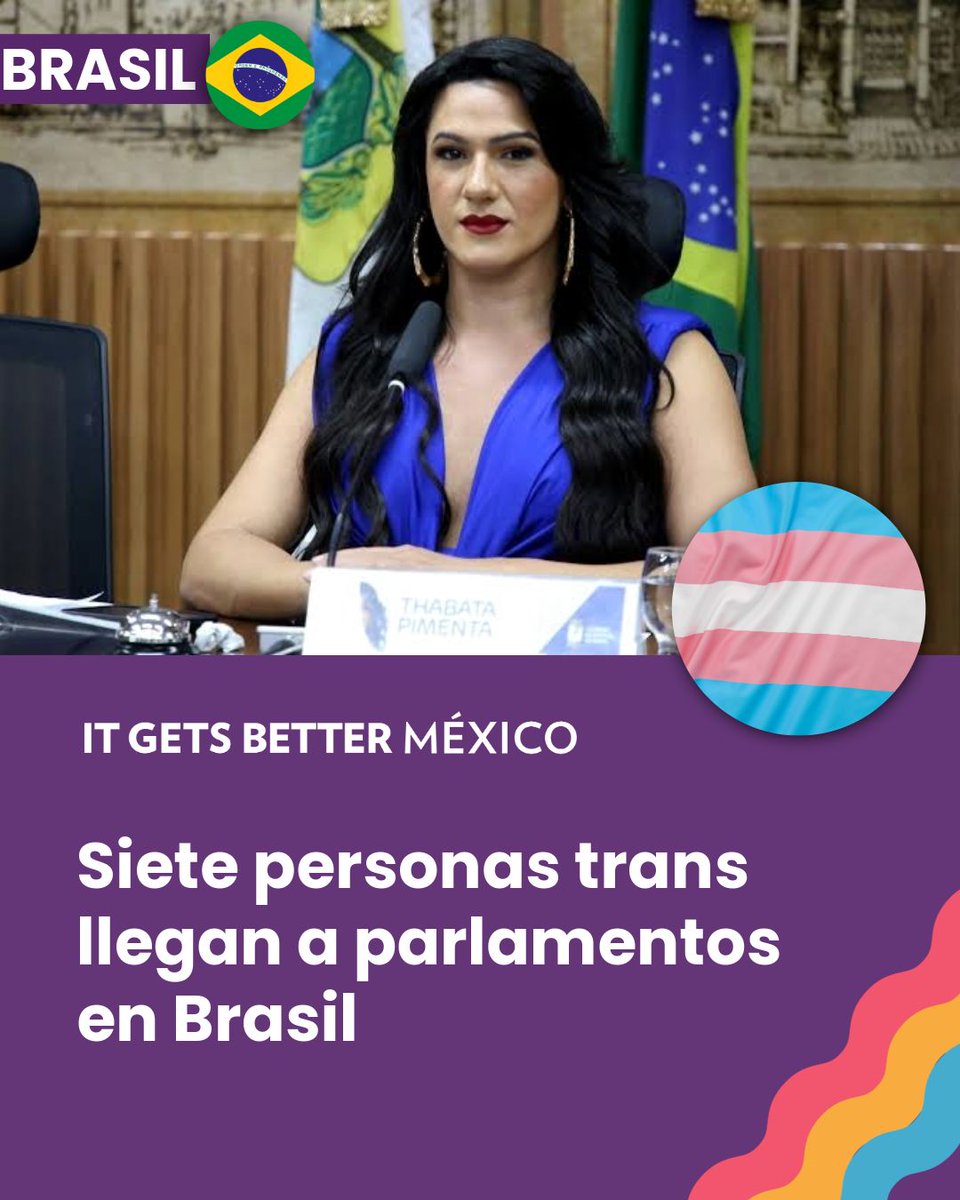 ItGetsBetterMx's tweet photo. Brasil no eligió a una, eligió a SIETE personas trans para sus parlamentos 🏳️‍⚧️🇧🇷

Thabatta Pimenta es la primera mujer trans del Nordeste en el Congreso federal, y las candidaturas trans crecieron 45% vs 2022 📈 https://t.co/OjDBoC6i4S