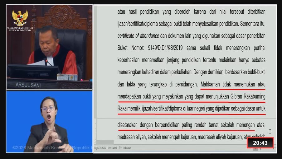 indepenSumatera's tweet photo. 🚨 PUTUSAN MK SOAL GIBRAN

Dalam pembacaan putusan perkara syarat pendidikan Gibran, muncul tiga poin penting:

1. Gibran disebut tidak memiliki bukti ijazah yang menunjukkan telah menamatkan pendidikan setara SMA.

2. KPU dinilai memiliki kewajiban melakukan verifikasi terhadap persyaratan calon. Dalam perkara ini, surat keterangan (suket) penyetaraan dipersoalkan karena tidak disertai ijazah.

3. Namun, Gibran saat ini sudah bukan lagi berstatus calon wakil presiden. Karena itu, persoalan tersebut tidak dapat berujung pada pembatalan atau diskualifikasi Gibran melalui perkara ini.

Pada akhirnya, MK menyatakan:

Permohonan Para Pemohon tidak dapat diterima.

Jadi, persoalannya bukan sesederhana ijazah terbukti bermasalah lalu Gibran didiskualifikasi.

Ada persoalan mengenai syarat pencalonan, kewajiban verifikasi KPU, serta kewenangan MK setelah proses Pilpres dan pelantikan selesai.**

Putusan lengkap MK tetap menjadi rujukan utama untuk membaca alasan hukum di balik keputusan tersebut.