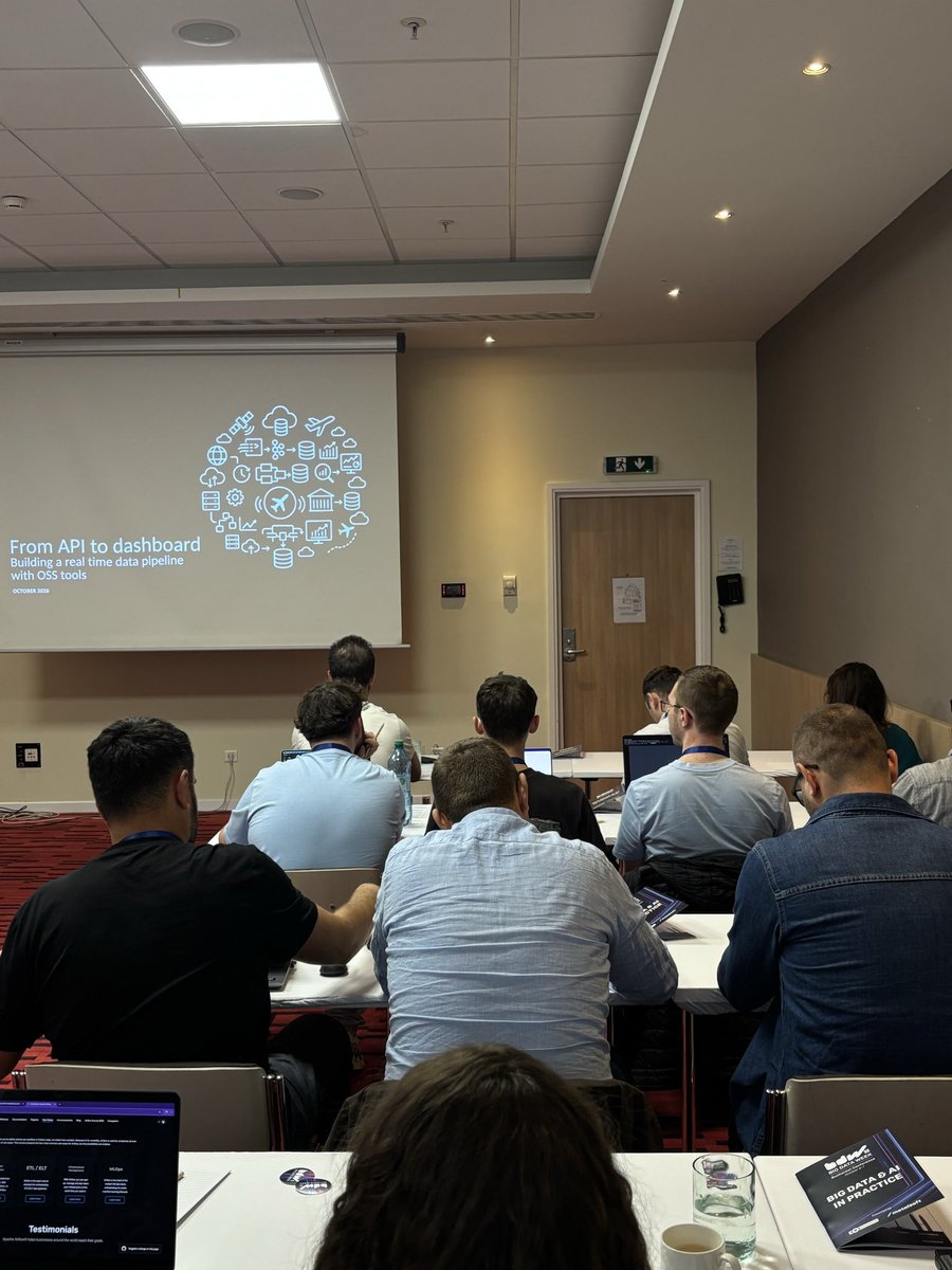 bigdataweek's tweet photo. 🟦 Mircea Rugina, LSEG, takes participants from a flight-data API to a dashboard: Kafka for streaming, PostgreSQL for storage, dbt for transformation, Airflow for orchestration and Superset for visualization - all running locally with Docker. #bigdataweek #bdw2026 #bdwbucharest https://t.co/ResVtqDyoT