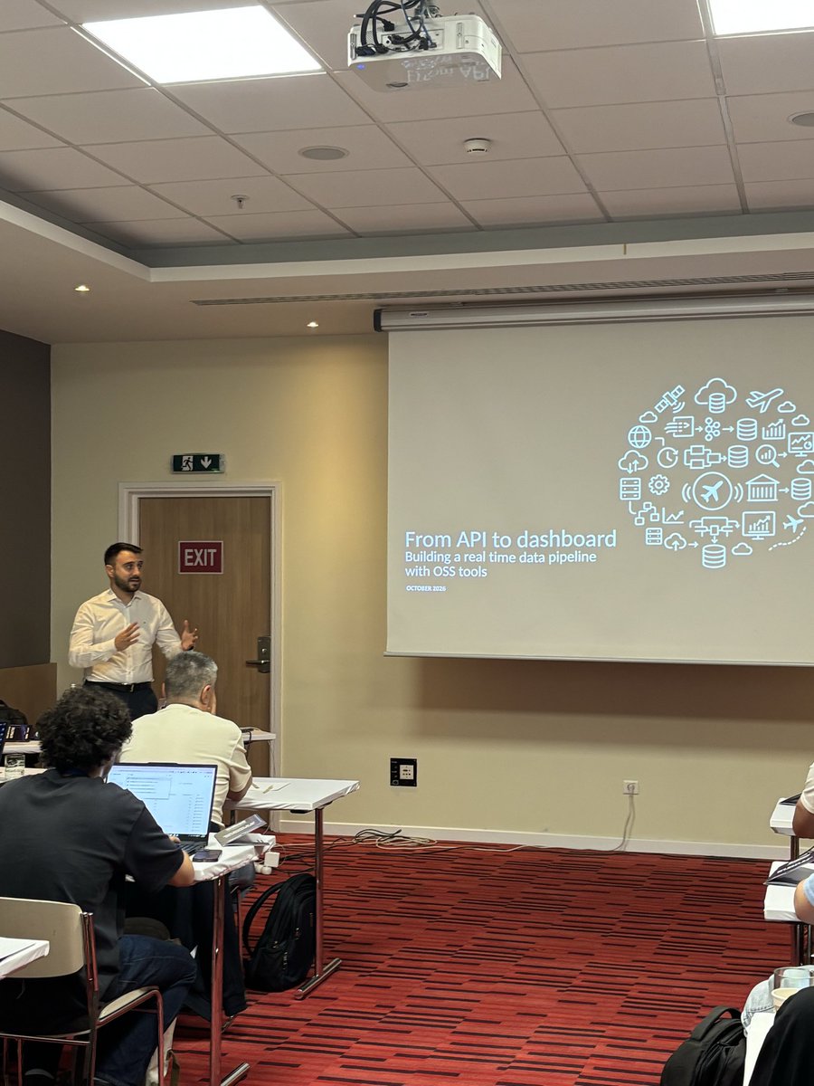 bigdataweek's tweet photo. 🟦 Mircea Rugina, LSEG, takes participants from a flight-data API to a dashboard: Kafka for streaming, PostgreSQL for storage, dbt for transformation, Airflow for orchestration and Superset for visualization - all running locally with Docker. #bigdataweek #bdw2026 #bdwbucharest https://t.co/ResVtqDyoT