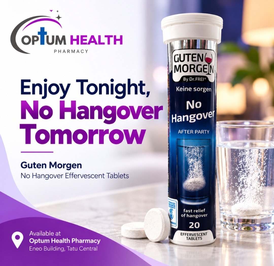 OptumHealth's tweet photo. 🥂 Enjoy tonight. No hangover tomorrow.
Got plans? Make the morning after a little easier with Guten Morgen No Hangover Effervescent Tablets, now available at Optum Health Pharmacy.
📍 Eneo Building, Tatu Central
💜 Your health, our priority.
#OptumHealthPharmacy  #NoHangover https://t.co/pbFu6SucKa