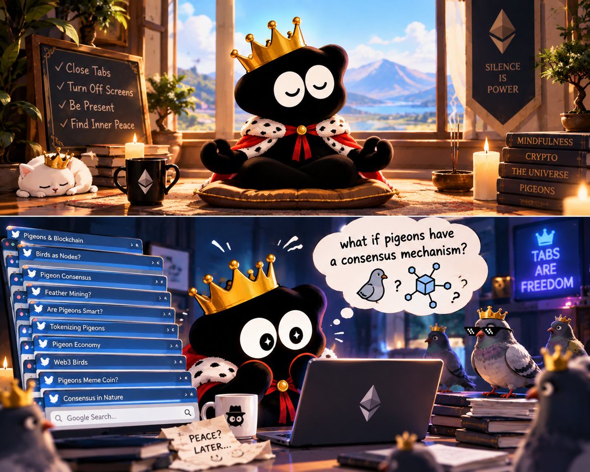 ClausCoinETH's tweet photo. claus tried meditation.

closed every tab.
turned off every screen.
sat in complete silence.

11 seconds later:

“what if pigeons have a consensus mechanism?”

the tabs are open again.

CA: 0xa606d433971e9ee140e234daa7c94c476e10ead1

$CLAUS #Ethereum https://t.co/0ue9BDvnC2