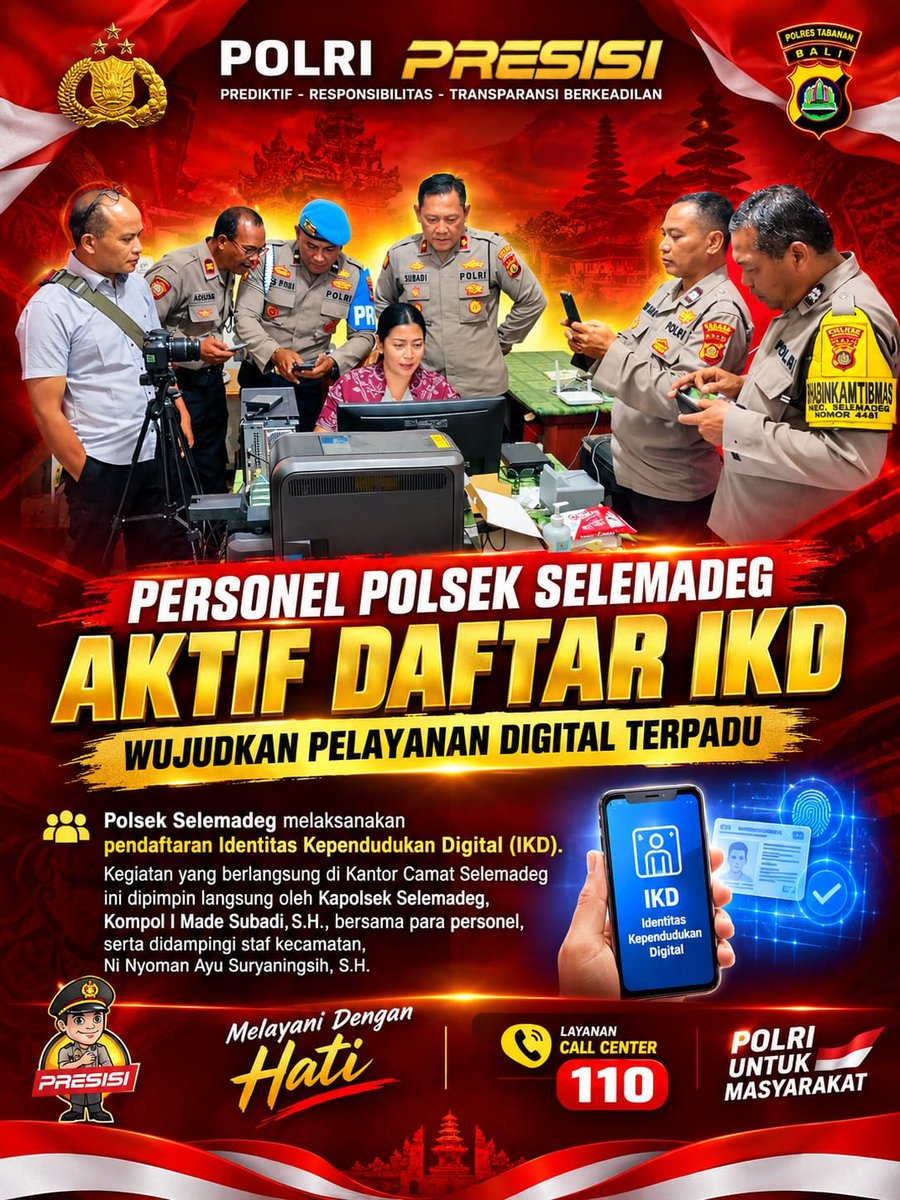 PolsekSelemadeg's tweet photo. Personel Polsek Selemadeg aktif melaksanakan pendaftaran Identitas Kependudukan Digital (IKD) di Kantor Camat Selemadeg guna mewujudkan pelayanan digital terpadu bagi masyarakat.
#PolsekSelemadeg #PolresTabanan #IdentitasKependudukanDigital #IKD #polisibersamamasyarakat https://t.co/cleo2pOD0F