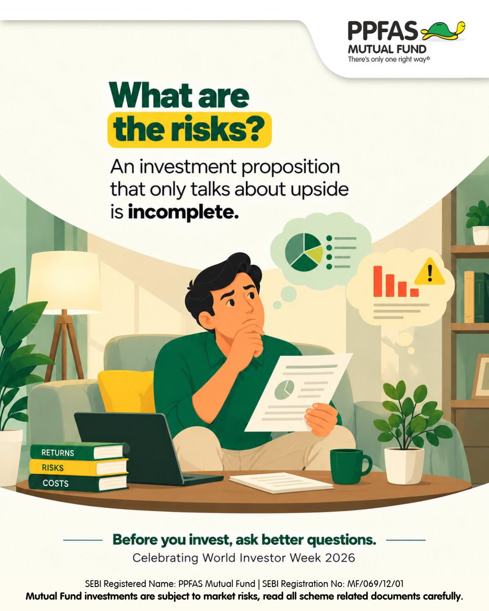 ppfasmf's tweet photo. It is easy to focus on what you could gain. But an informed investment decision also considers what could affect those outcomes.

This World Investor Week, take a moment to look at the complete picture.

World Investor Week 2026 | 5–11 October
#AskBetterQuestions #PPFASMutualFund https://t.co/iVmAoBNrI8