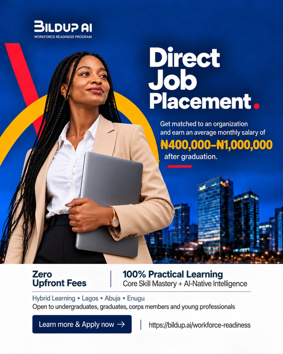 BildupAI's tweet photo. This programme takes you from practical learning to direct job placement.

✅ Zero upfront fees
✅ Core Skill Mastery + AI-Native Intelligence
📍 Lagos • Abuja • Enugu

Learn more &amp; apply:
https://t.co/Ehu41RrEZG

#BildupAI #WorkforceReadiness https://t.co/7nBFsXMhOc