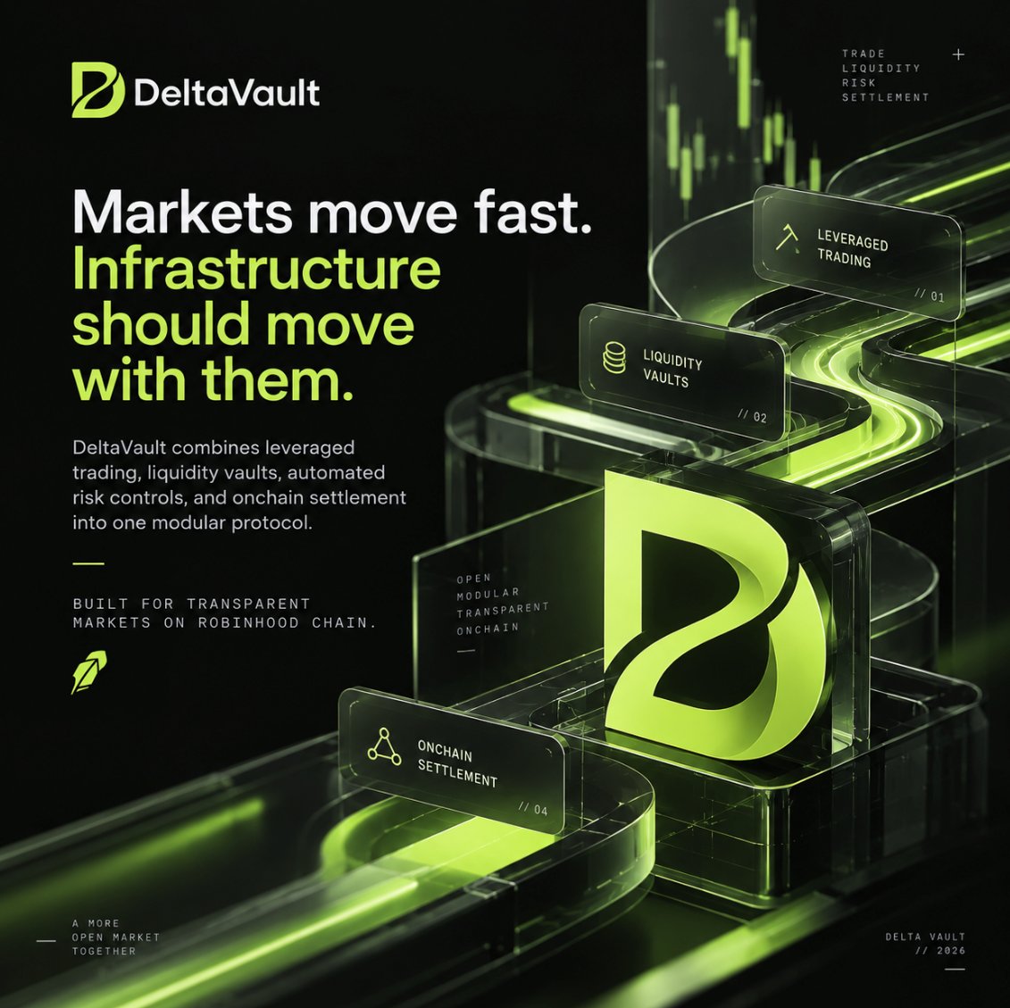 DeltaVault_io's tweet photo. Markets move fast. Infrastructure should move with them.
DeltaVault combines leveraged trading, liquidity vaults, automated risk controls, and onchain settlement into one modular protocol.
Built for transparent markets on #RobinhoodChain . https://t.co/A6LNHz2chl