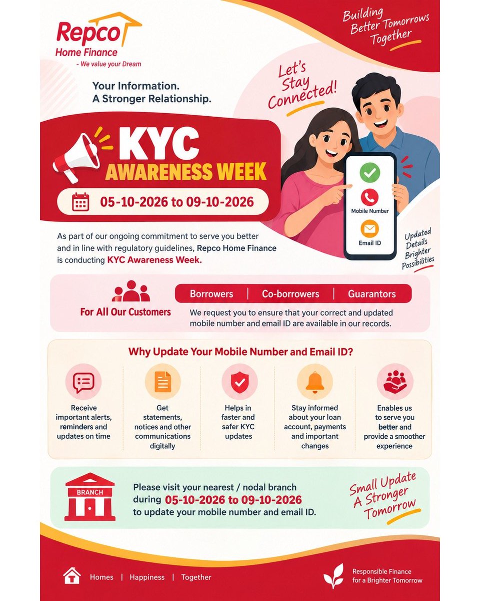 RepcoHome's tweet photo. KYC Awareness Week | 5th–9th October 2026

#KYCAwarenessWeek #KYC #RepcoHomeFinance #CustomerAwareness #UpdateYourDetails https://t.co/0RKm60nLJy