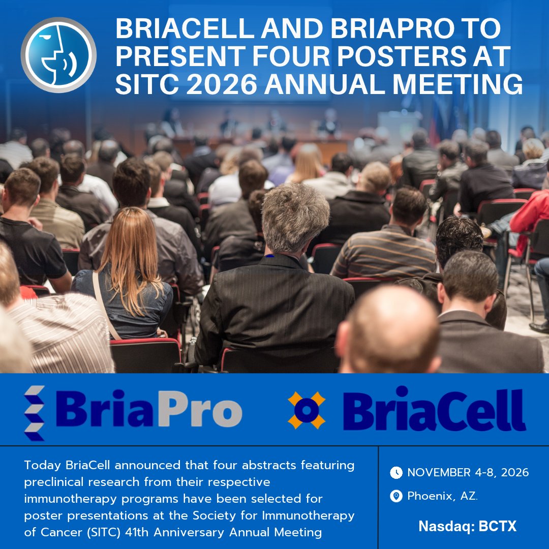 smallcapvoice's tweet photo. $BCTX is heading to SITC 2026 with 4 poster presentations highlighting Bria-OTS+ and BriaPro’s research into tumor targeted checkpoint inhibitors, BP-80 and engineered CD80 variants.

Four presentations. Multiple immunotherapy programs. A closer look at the science behind BriaCell’s pipeline.

Read the full PR: https://t.co/aybhXbuKCa