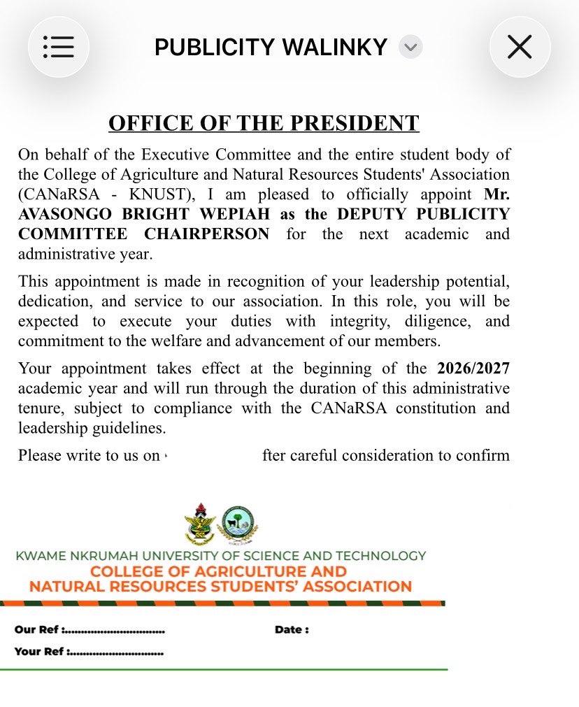 DebwouyWalinky7's tweet photo. I am pleased to announce that I have been appointed as  the Deputy Publicity Chairperson for the College of Agriculture and Natural Resources-KNUST(CANaRSA)🎉

Long live CANaRSA.
Long live KNUST.

Aane Walinkyy 3y3 mea.😂
#LINKYsDREAM #theLittleBoyFromNAVRONGO https://t.co/tVDmQCM8eD