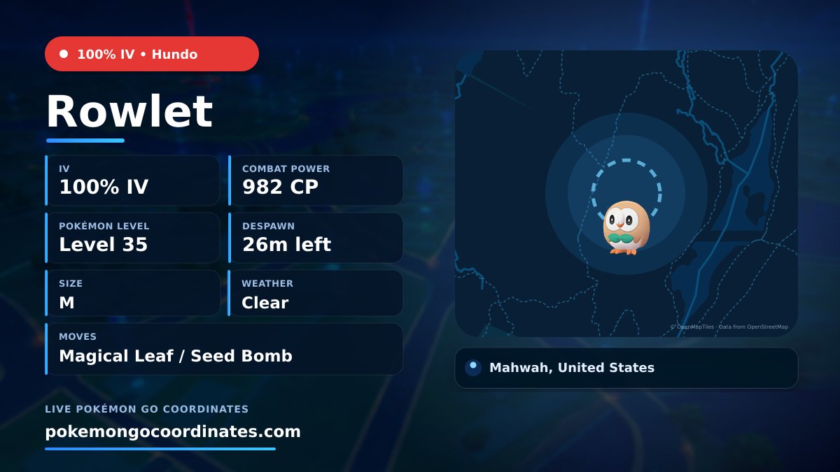 CoordsPokemonGo's tweet photo. #Rowlet Wild Spawns
π―% IV β’ 982 CP β’ Level 35
Despawns in 26m
π 41.097868,-74.223206
#100IVLevel35 β’ #PokemonGO https://t.co/goC57p5nHZ