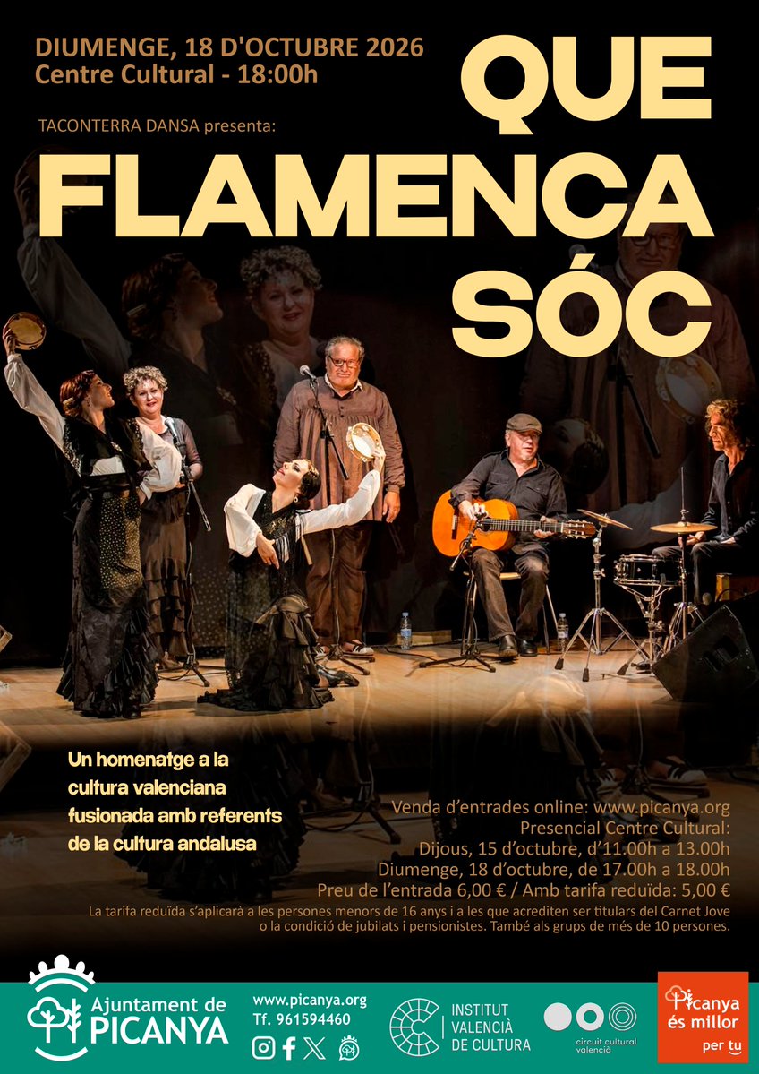 aPicanya's tweet photo. València i Andalusia unides pel foklore en "Que flamenca sóc".
Un homenatge a la cultura valenciana fusionada amb referents de la cultura andalusa. 
Més informació i venda d'entrades:
https://t.co/9lD3rAGXey https://t.co/aeobGj4nq1