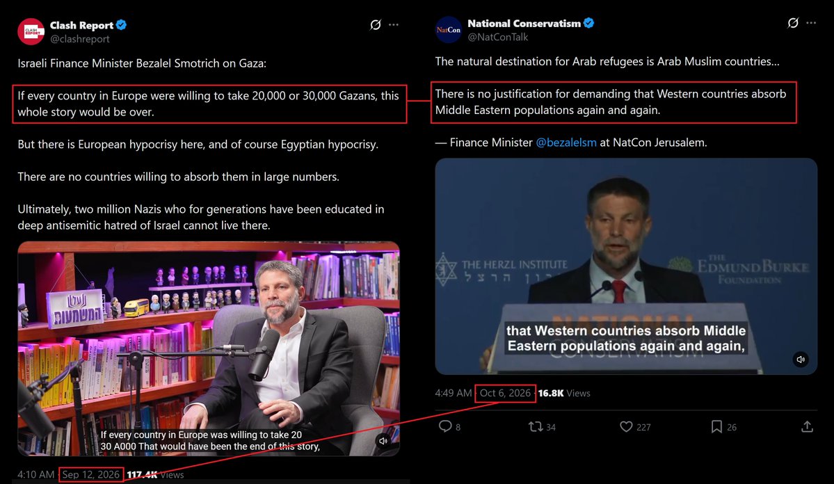 infolibnews's tweet photo. Bezalel Smotrich on Israeli podcast last month: "If every country in Europe were willing to take 20,000 or 30,000 Gazans, this whole story would be over."

Smotrich at NatCon Jerusalem today: "There is no justification for demanding that Western countries absorb Middle Eastern populations again and again."

You have to be brain-dead to fall for this grift.