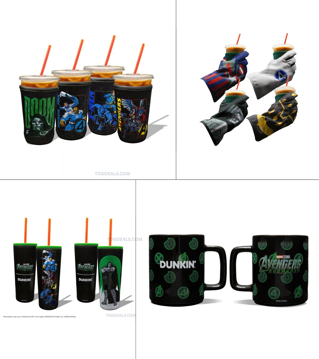 buylowdaily's tweet photo. DUNKIN X AVENGERS: DOOMSDAY MERCH COMING NOV 4

Glove sleeves plus color-changing mug $14.99

Tumblers $24.99, character sleeves priced $8.99 https://t.co/zlPTpMopYO