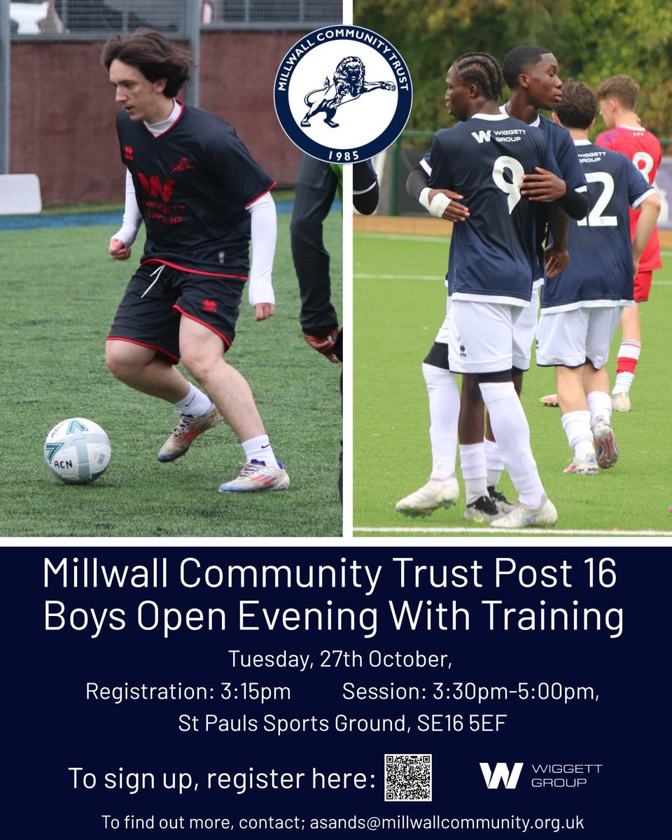 Millwall_MCT's tweet photo. ✅ #Millwall Community Trust Post-16 Open Evening with Training!

👉 Sign up here: https://t.co/drrkzKmRJK

#1Club1Community #WiggettGroup https://t.co/gYuU81rQi0
