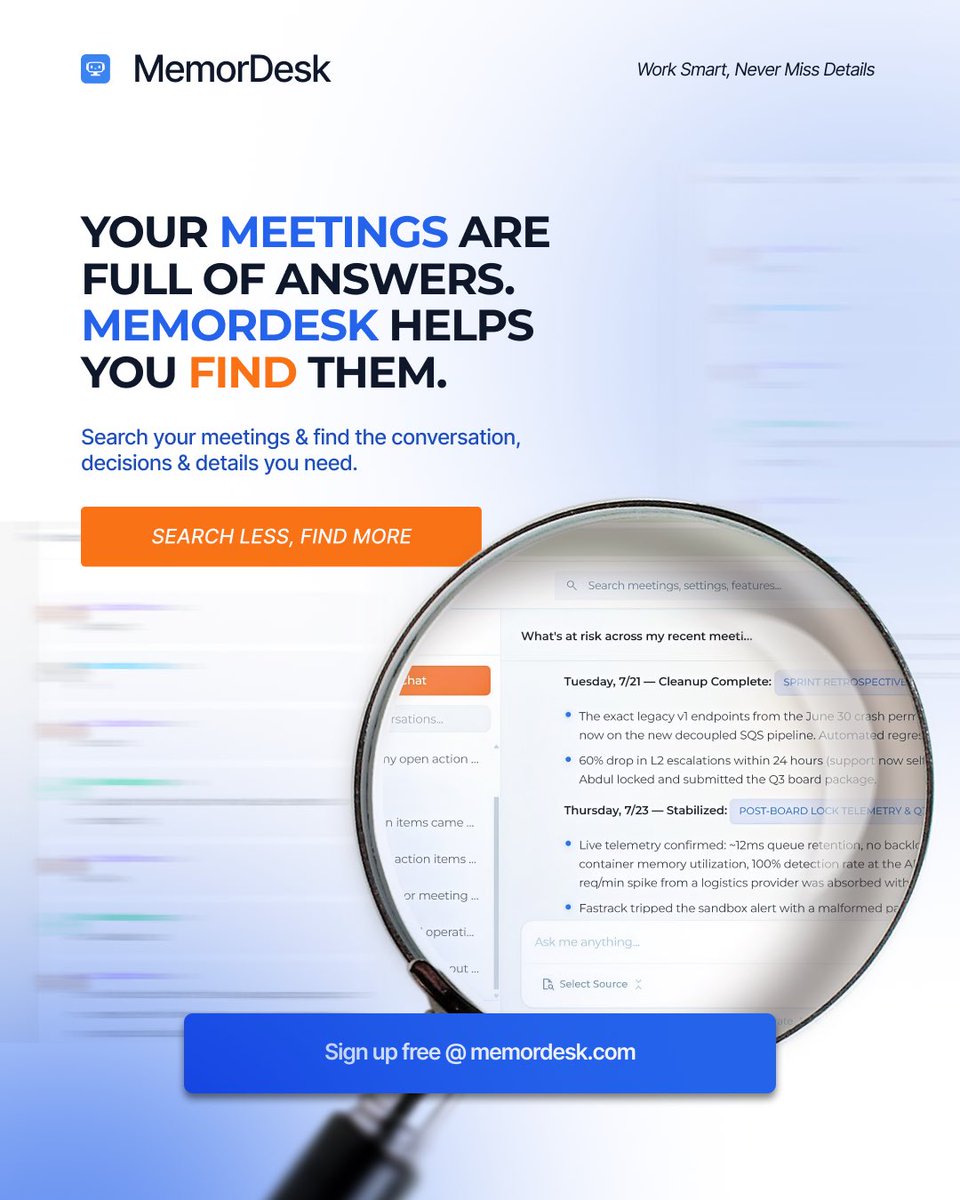 memordesk's tweet photo. Your meetings are full of answers. 

MemorDesk helps you search your meetings and find the conversations, decisions, and details you need, whenever you need them.

Search less. Find more. 

Try it free: https://t.co/K5eHbEiUAF

#MemorDesk #MeetingSearch #MeetingAI #AIProductivity https://t.co/fpL2G9WbEK