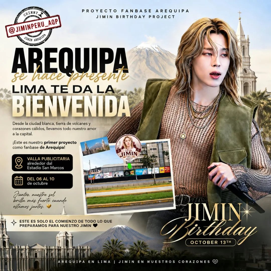 JIMIN_RECORD13's tweet photo. 페루 제2의 도시 Arequipa를 베이스로 한 페루 팬베이스 @jiminperuaqp13 에서 산마르코스 스타디움 인근 대형 빌보드 광고를 진행합니다.

📍Av. Universitaria con Av. Venezuela
🗓 2026.10.06 ~ 2026.10.10 (현지시간)

➡️ https://t.co/kAdugR8suL

멋진 서포트 감사합니다 🙇‍♀️ 

HAPPY JIMTOBER 
#JIMTOBER2026 
#JIMIN #지민 #PARKJIMIN