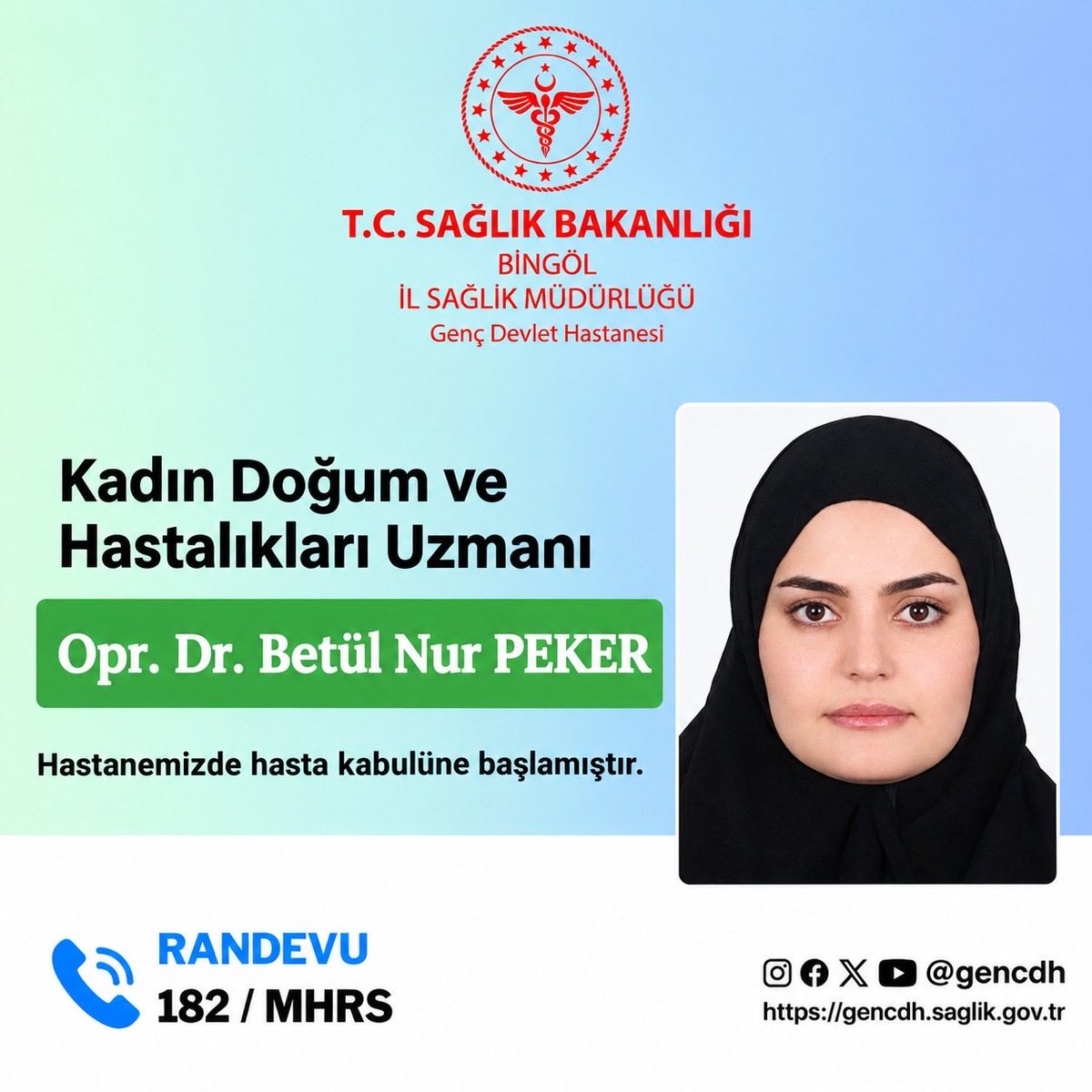 gencdh's tweet photo. Kadın Doğum ve Hastalıkları Uzmanı Opr. Dr. Betül Nur PEKER, hasta kabulüne başlamıştır.Kendisine yeni görevinde başarılar dileriz.

@saglikbakanligi 
@bingolsaglik 
@bingolvaliligi 
@tcgenc_ https://t.co/35XDLS83K0
