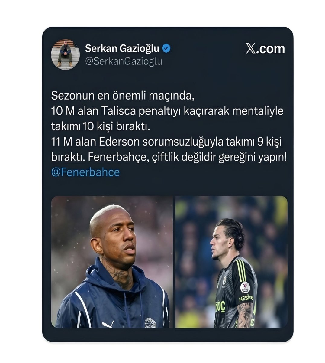 _vlknylmz's tweet photo. Maç sonu bu gönderiyi paylaştın Serkan Gazioğlu.

Yasin Kol tutuklanınca bakıyorum da silmişsin bu gönderiyi.

Neden sildin? Gerekçe nedir?

Fenerbahçe çiftlik değil gerekeni yapın diyordun oysa. 😅 https://t.co/1gaMG9FM7x