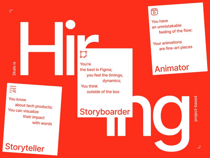 A red job advertisement graphic displays 'Hiring' alongside cards for Storyteller, Storyboarder, and Animator roles.