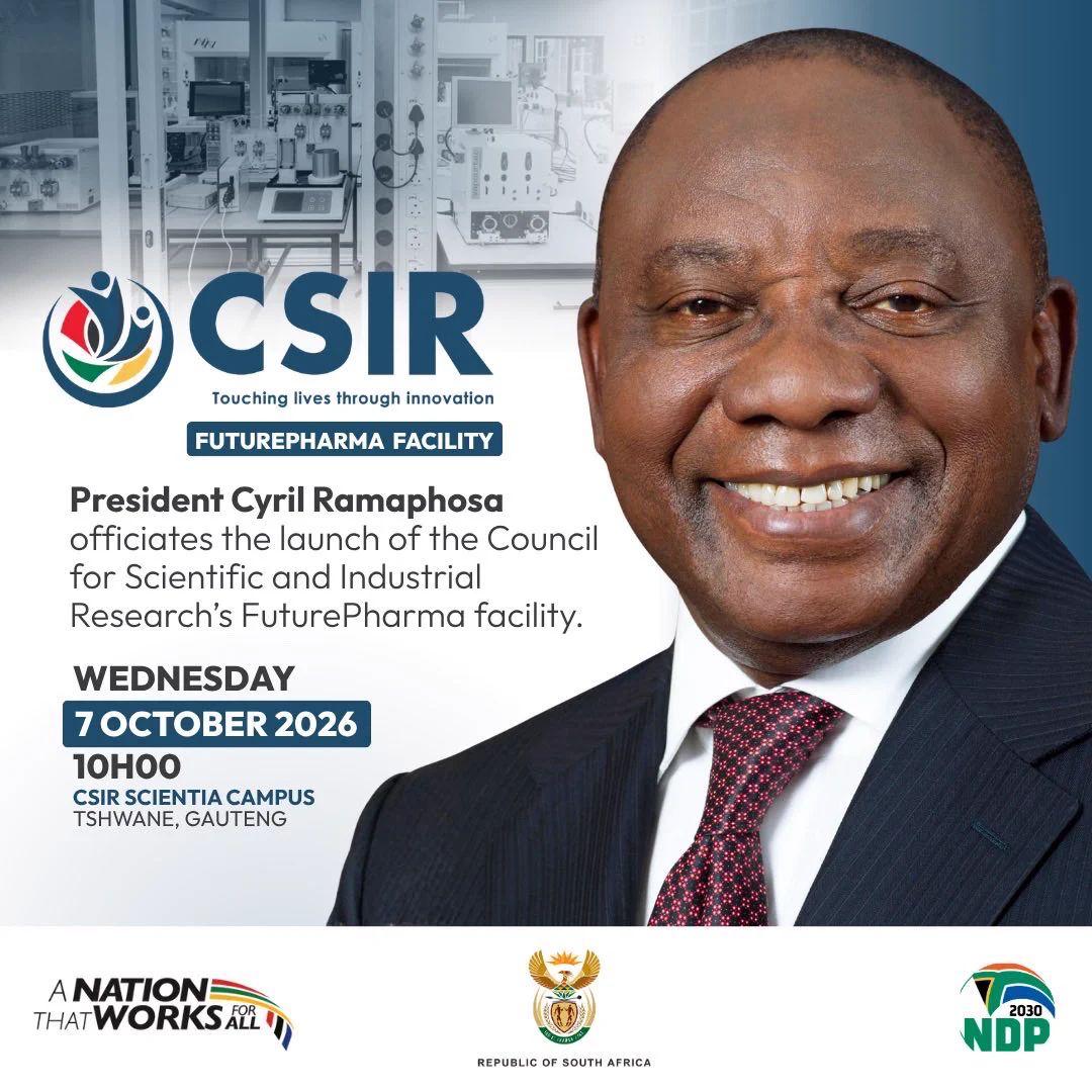 GCISMedia's tweet photo. #GovZAUpdates Tomorrow, the President of The Republic of South Africa will officiate the launch of the CSIR FuturePharma facility https://t.co/YDnBOB6DEm