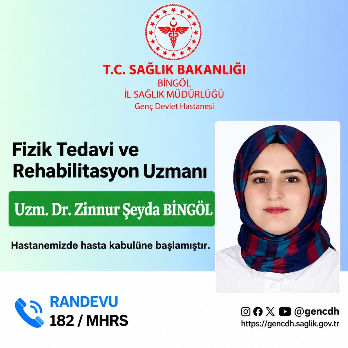 gencdh's tweet photo. Fizik Tedavi ve Rehabilitasyon Uzmanı Uzm. Dr. Zinnur Şeyda BİNGÖL, hasta kabulüne başlamıştır.Kendisine yeni görevinde başarılar dileriz.

@saglikbakanligi 
@bingolsaglik 
@bingolvaliligi 
@tcgenc_ https://t.co/hAWBUDA9fv