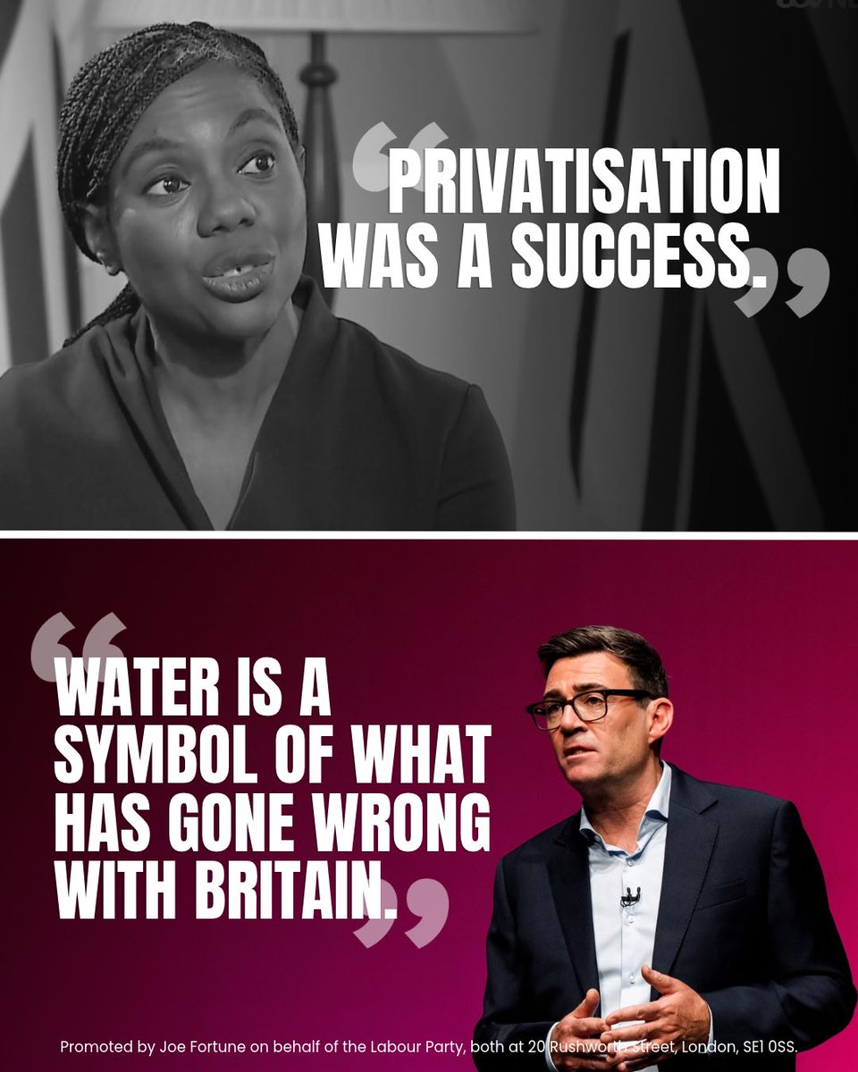 UKLabour's tweet photo. Kemi Badenoch thinks “privatisation was a success". She's living in an alternate reality.

Water is a symbol of what has gone wrong in Britain. 

In the years since privatisation our waterways have been pumped with sewage whilst water bosses receive bonus after bonus. 

Labour is putting an end to this with a strengthened Water Bill which will repeal Margaret Thatcher’s ideological ban on public ownership of water companies.

And we’ll also give Mayors new powers to hold water companies to account, and close the loopholes water companies use to pay excessive bonuses.